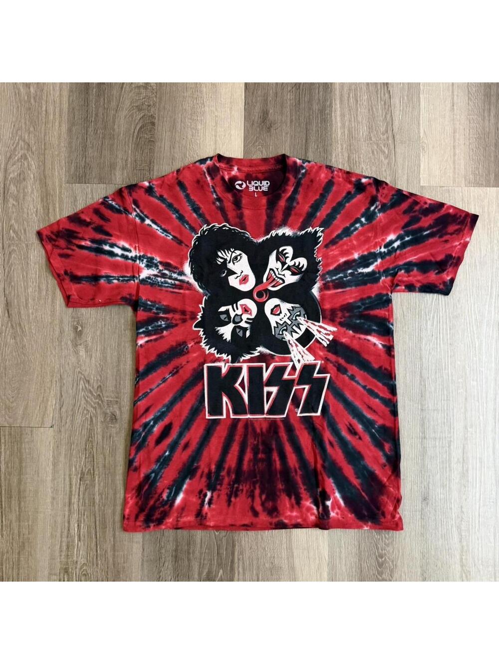 Liquid Blue Kiss band tee with red and black tie-dye KISS size L #bandtee #rock